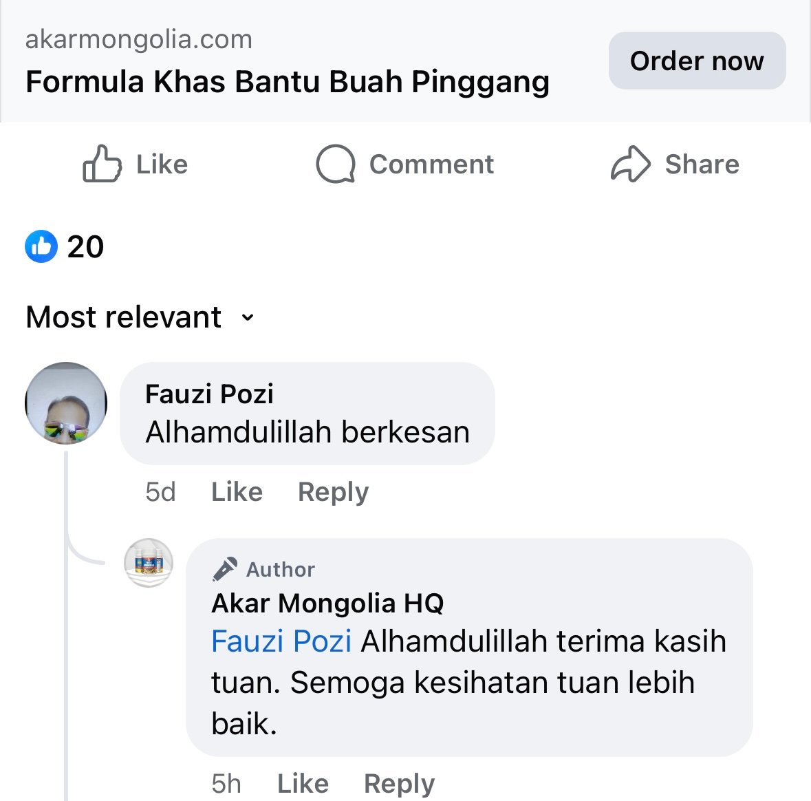 Testimoni pelanggan Akar Mongolia di Facebook