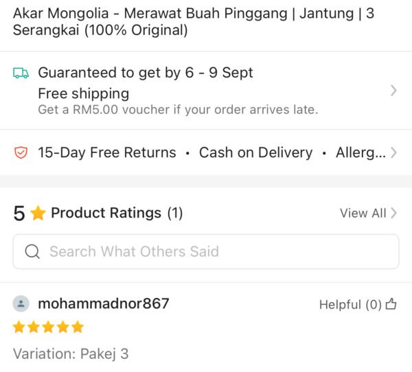 Ulasan 5 bintang di Shopee