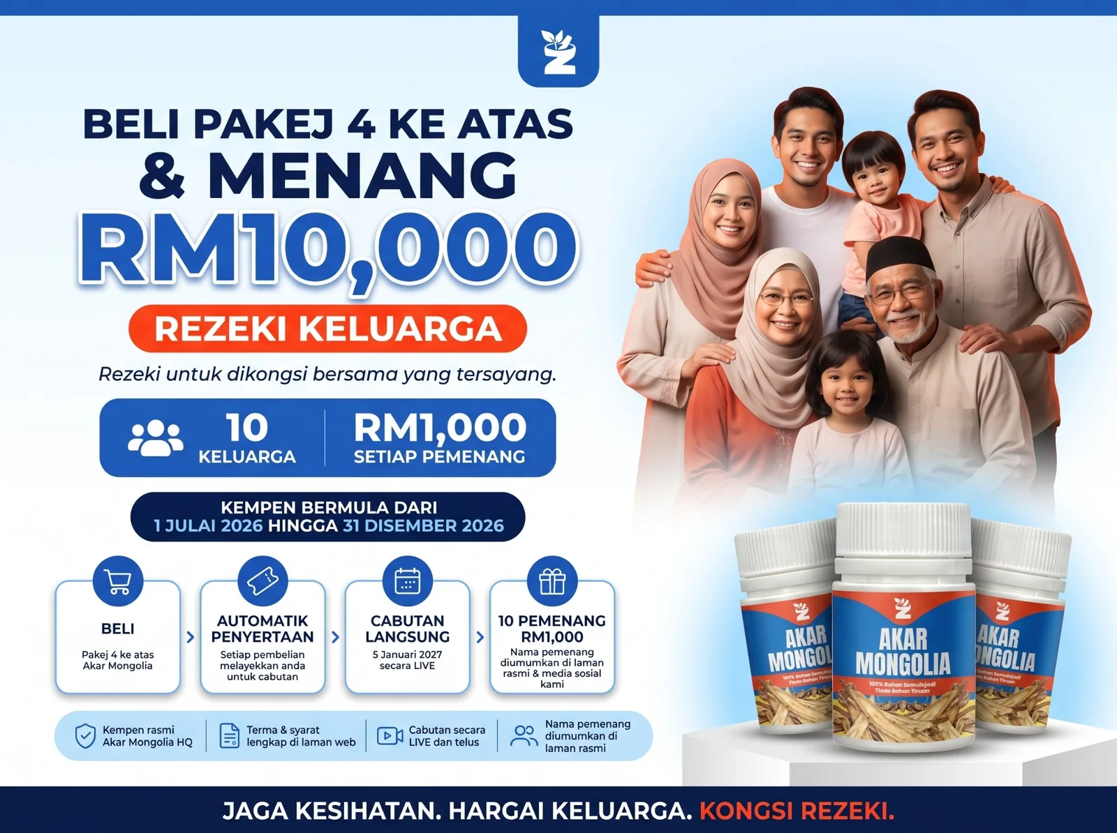 Beli pakej 4 ke atas dan menang RM10,000: 10 keluarga, RM1,000 setiap pemenang. Kempen 1 Julai hingga 31 Disember 2026, cabutan LIVE 5 Januari 2027.