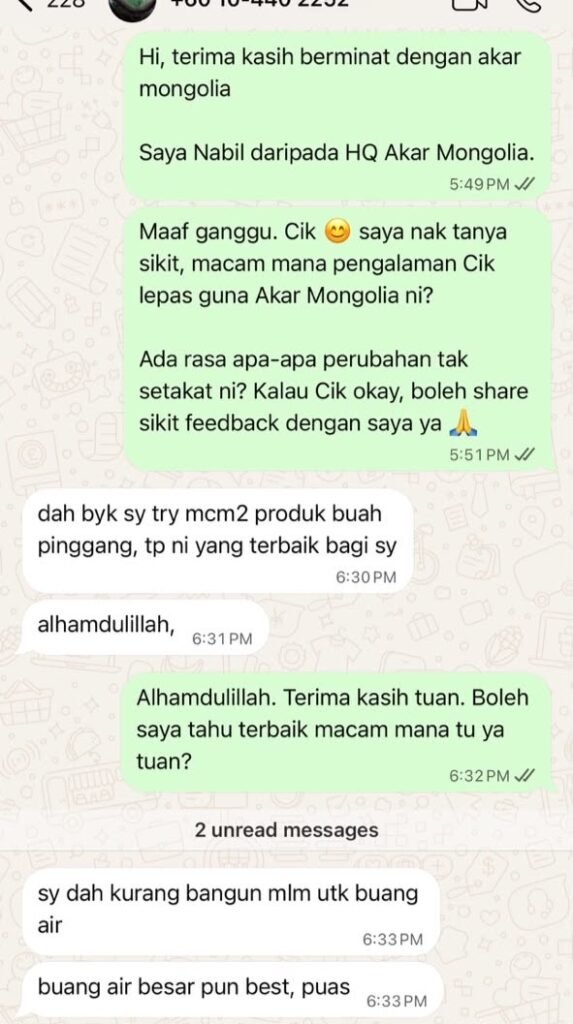 Testimoni WhatsApp pelanggan Akar Mongolia