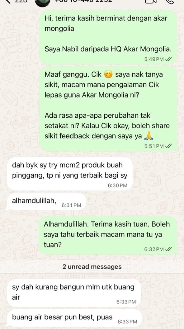 Bukti testimoni WhatsApp pelanggan Akar Mongolia